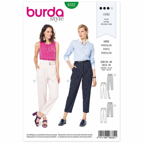 Image de BURDA - 6332 Pantalon taille haute &agrave; plis permanents - revers