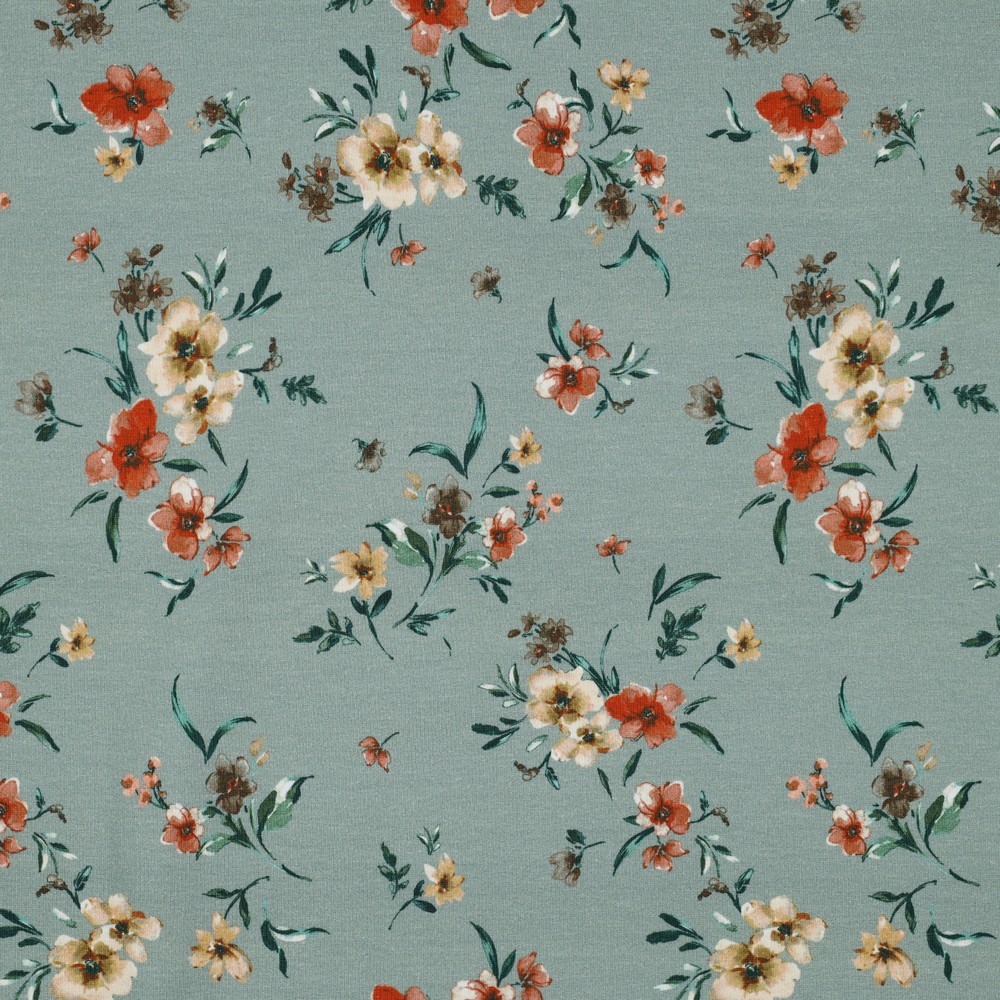 Image de Coton Ouaté Fleurs sur fond Menthe OEKO-TEX