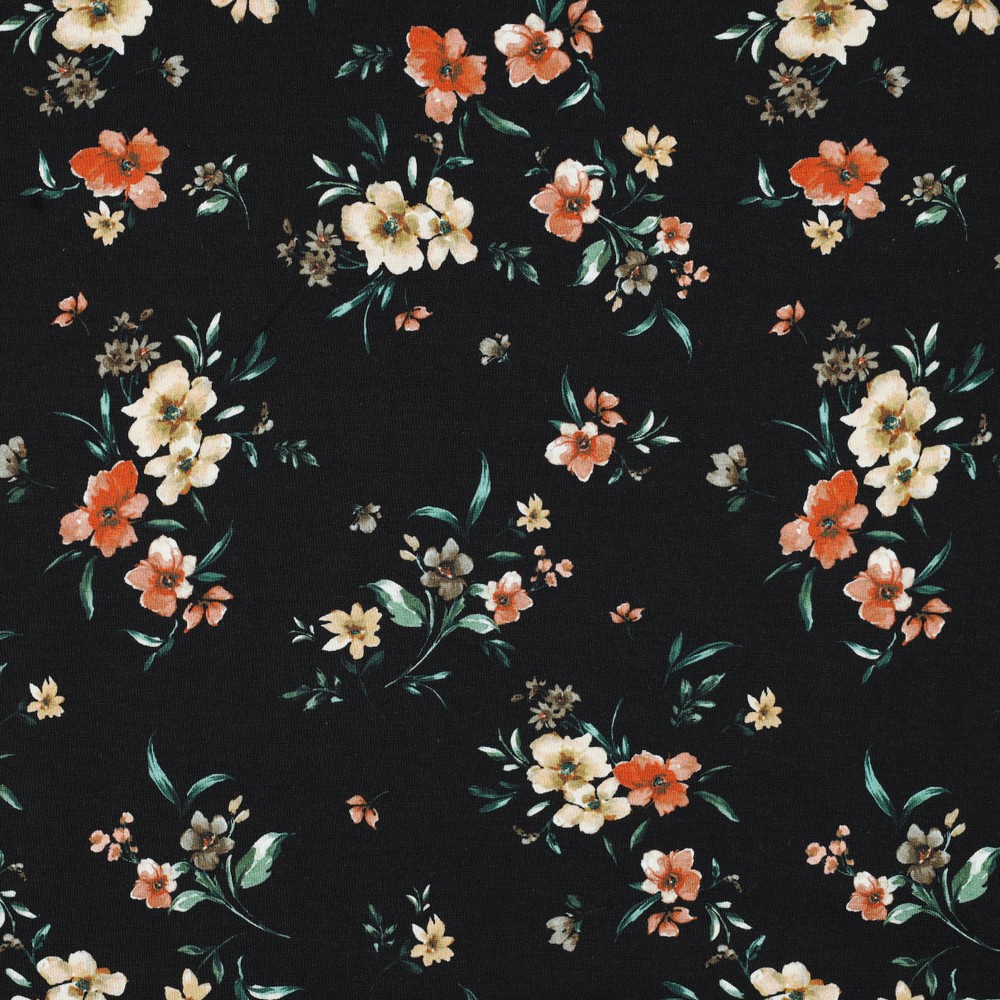 Image de Coton Ouaté Fleurs sur fond noir OEKO-TEX