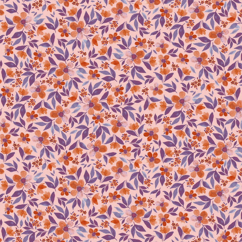 Image de Fleurs corail fond rose p&acirc;le - Jersey 1/2 m
