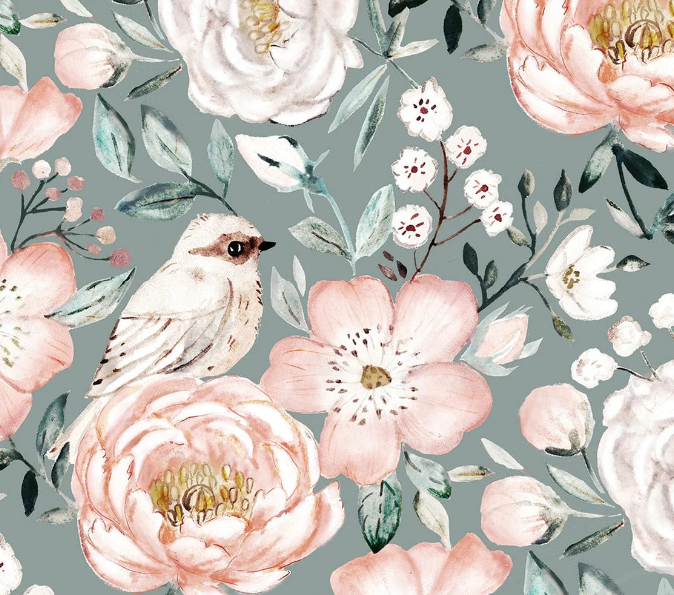 Image de Pivoines rose sur fond vert rétro - Coton Gabardine 1/2 m